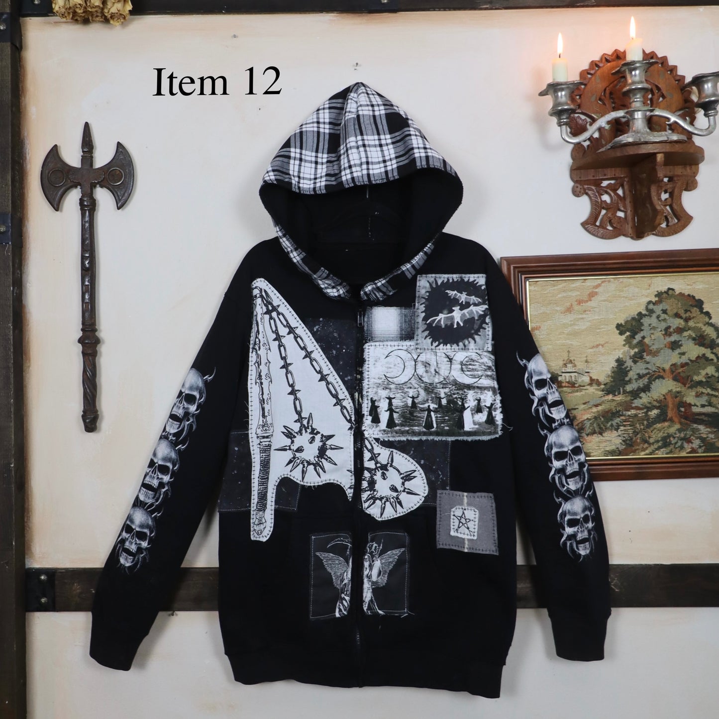 ✶SAMPLE SALE ✶ Item 12: patched Zip-Up Hoodie with Skull Sleeves  ✶ Size: M