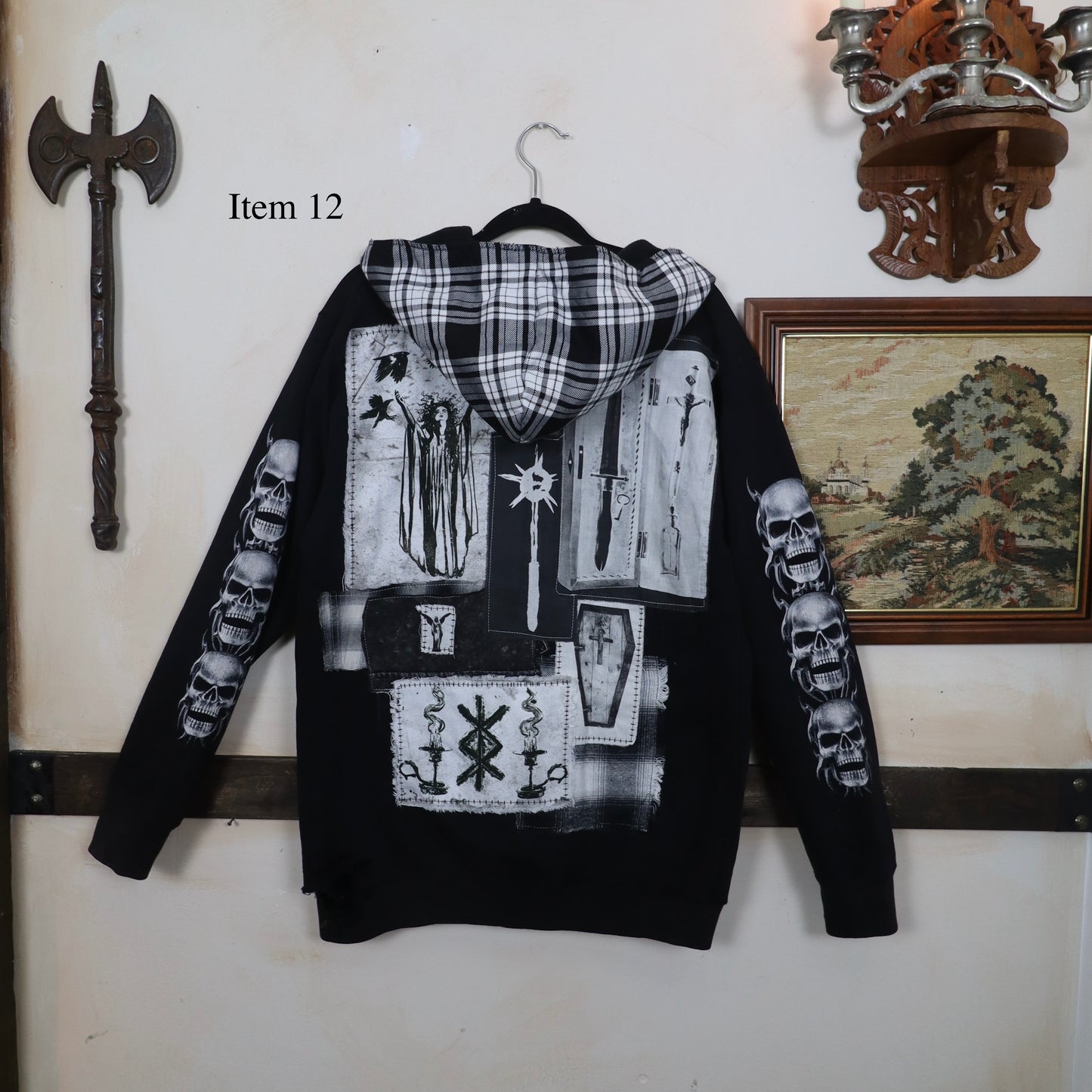 ✶SAMPLE SALE ✶ Item 12: patched Zip-Up Hoodie with Skull Sleeves  ✶ Size: M